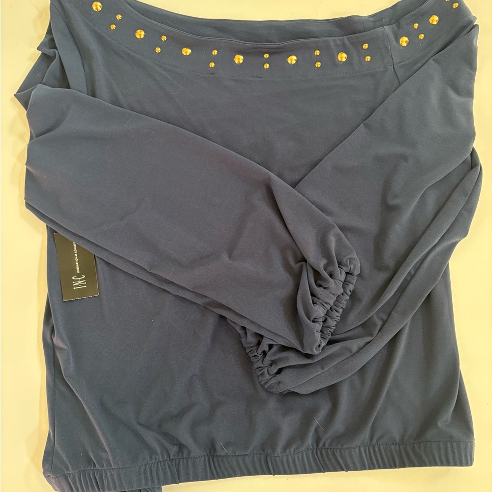 INC International Concepts Navy Long Sleeve Top with Gold Accents